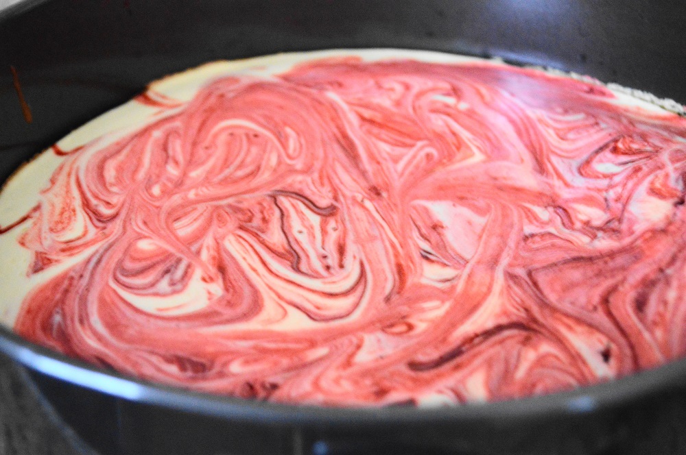 I let all of that goodness bake for about 30 minutes to puff up and get lightly golden around the edges. Once it cooled, I refrigerates the red velvet cheesecake for three hours to completely set. 