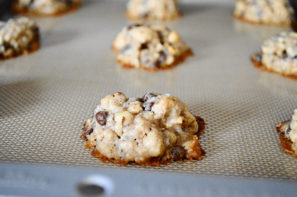 I baked the chunky granola cookies in two batches with two sheets in each batch. Rotating them halfway through the baking helped make sure they baked evenly and perfectly!