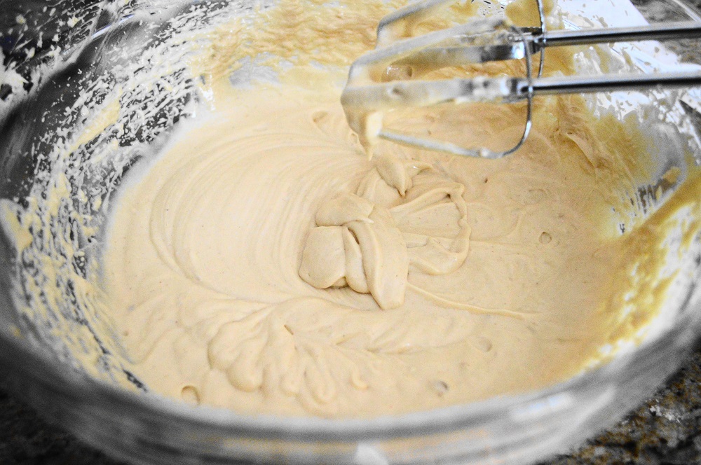 I made the peanut butter cheesecake batter next. Oh my goodness, it was so luscious! It all came together quickly with my hand mixer in a big bowl. The big flavor boost came from a bit of chocolate liqueur. It brought out the peanut butter!