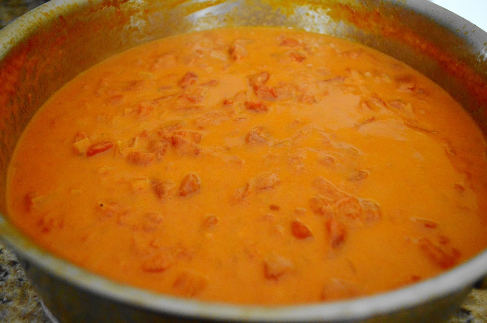 The vodka sauce was a simple mixture of onion, diced tomatoes, vodka (obviously!), heavy cream and crushed red pepper. It needed to cook for an hour total. In the meantime I could gather everything else! 