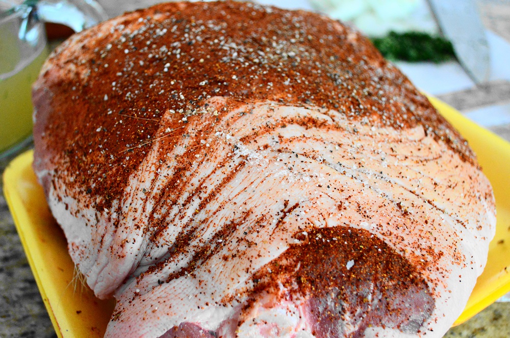 The pork shoulder I found was huge at 8 pounds. It wasn't going to be that much once it cooked though! First, I created a super flavorful spice mixture to rub all over the pork.