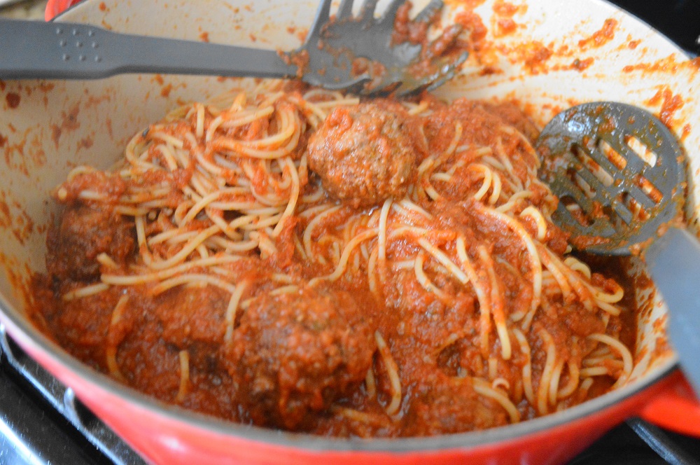 This sight was glorious to me. A big, beautiful pot of spaghetti and meatballs that was all tossed together and ready to serve! It meant I got to eat!