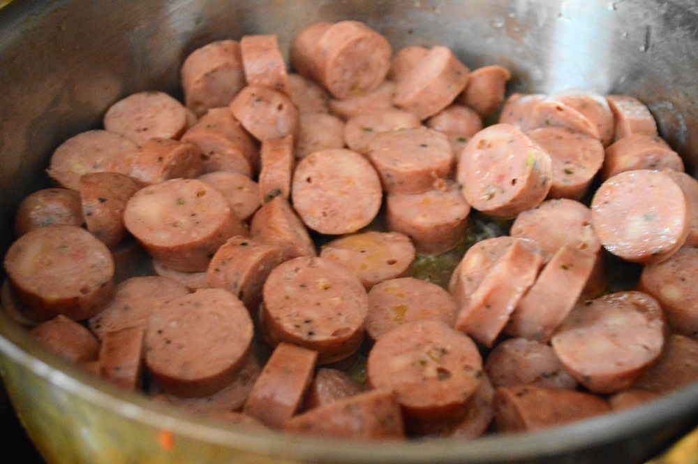 It's very traditional to pair pesto sauce with sausage. I went with chicken sausage to keep it a little leaner and healthier while still getting that fantastic sausage flavor!