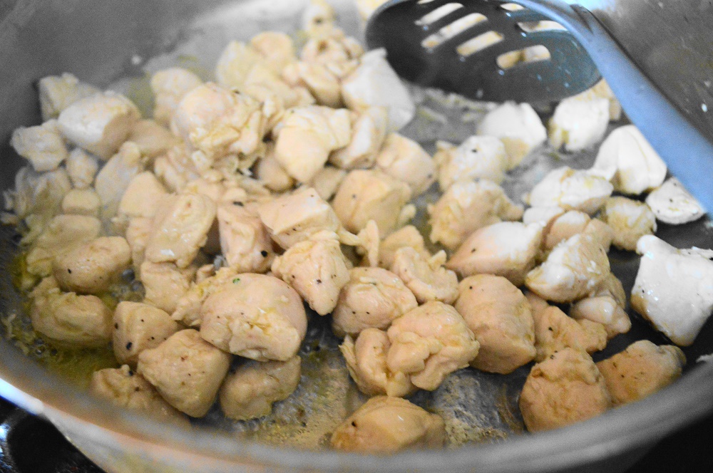 Once the broccoli was working I got started on the chicken. I diced it small so that it would cook faster. It all just cooked in olive oil with salt and pepper. The best part was that it flavored the pan to cook the rest of the chicken, broccoli and cheddar risotto!