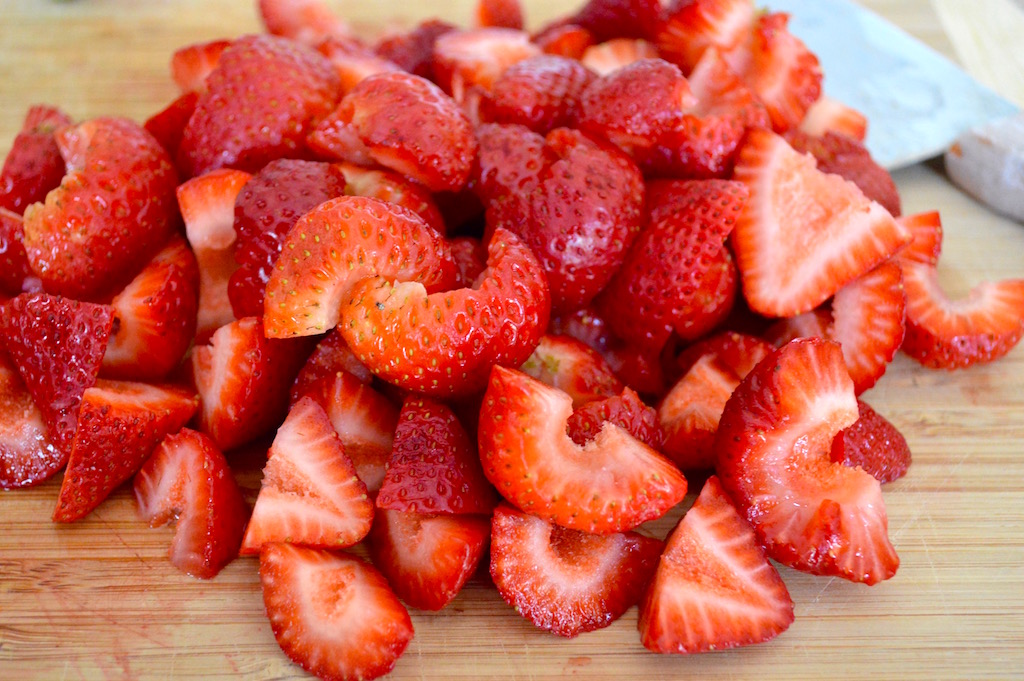 The strawberries were looking so gorgeous at the market, which was partly why I ended up making this berry basil salad! I hulled them and quartered them to get them perfectly bite sized. Then I just stirred them with lots of blueberries and fresh basil. 