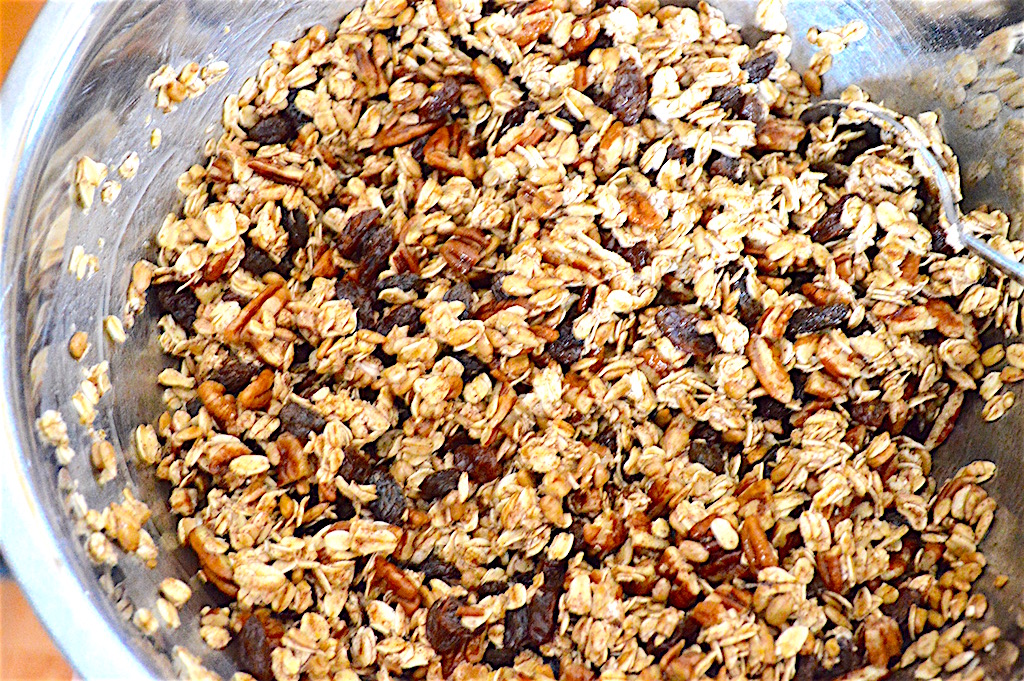 There was so much substance to the maple pecan granola. I used lots of old fashioned oats, chopped pecans and sunflower seeds for crunch. Raisins gave some little chewy jewels throughout. Then the whole mixture was held together with maple syrup and water! It was super simple ingredients just stirred together. 