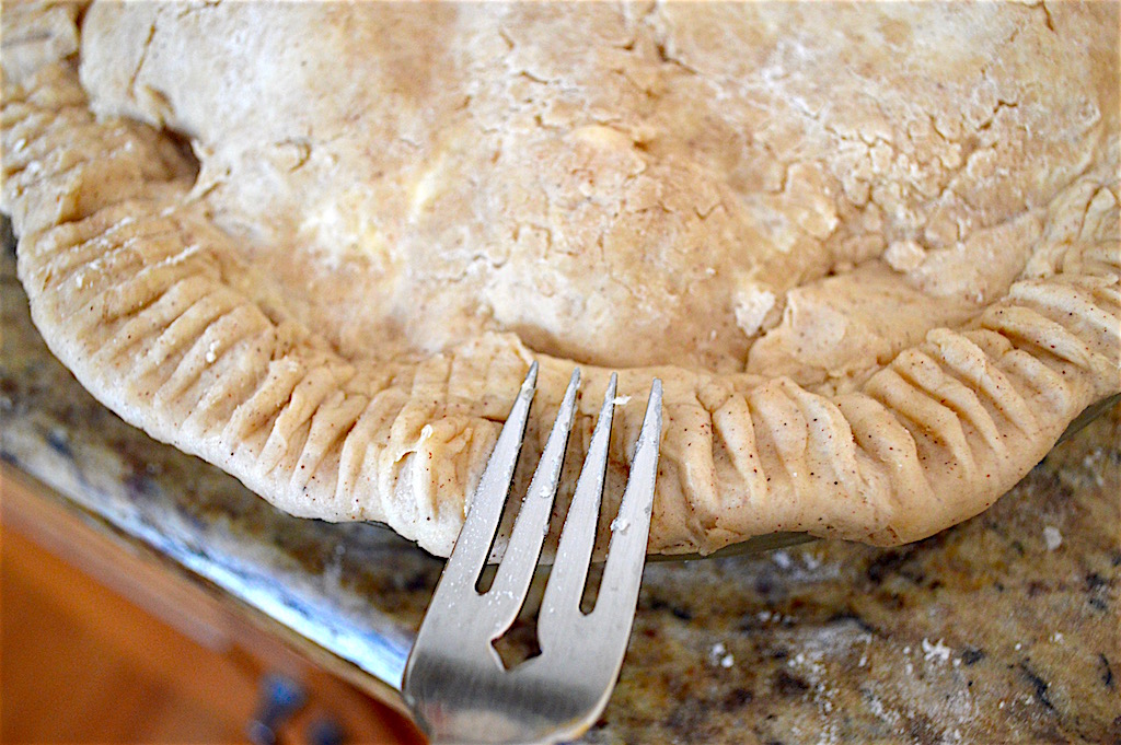 The other half of the pie dough went over the filling. Then I pinched the overhang from the bottom together with the top. Pressing the edge with a fork helped seal it and make it pretty. The finishing touch was to brush it with milk and sprinkle it with sugar on top. That was a trick I picked up from Nancy Fuller when I watched her make pie on her show. It just makes the crust dreamy. 