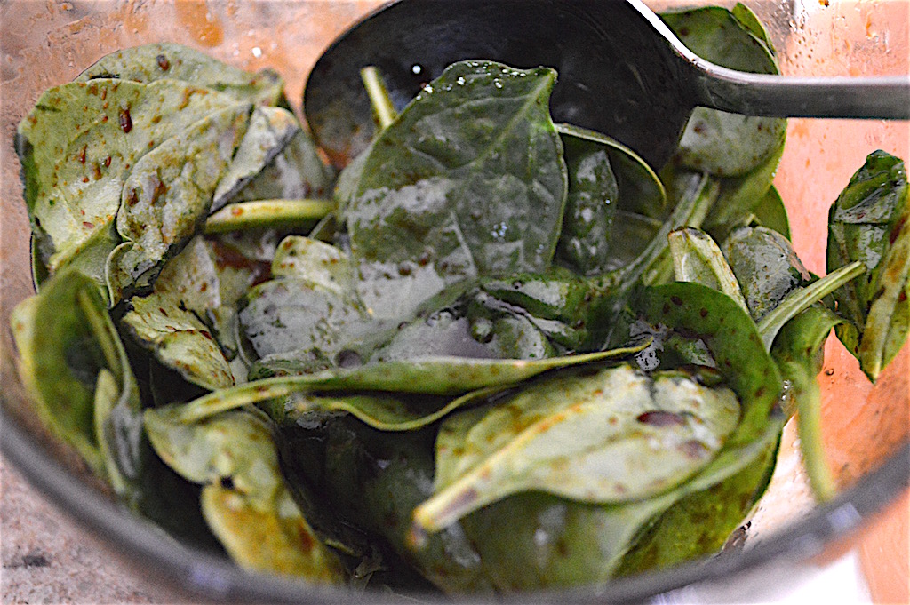 I stuffed my chicken saltimbocca with spinach as well as prosciutto to give it some fresh flavor. I just tossed that spinach with some balsamic vinegar and olive oil first to dress it and add lots of flavor!