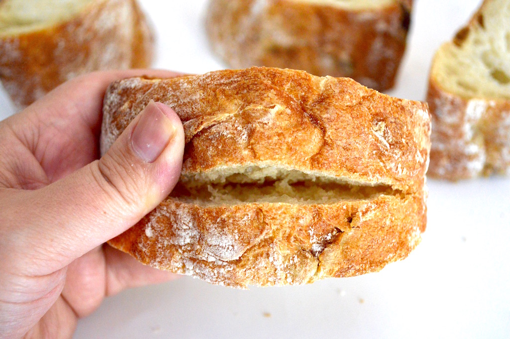 I cut the slices super thick so that I could make a nice, big pocket for the filling. I just cut along the middle of the crust along half of its length, and then deep enough to cut most of way through the width without going through the other side. 