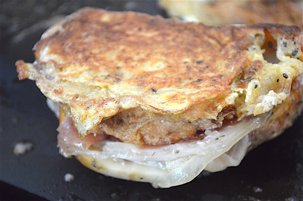 Then it was time for my trusty electric griddle to go to work! I cooked the savory stuffed French toast for a few minutes on each side, repeating that until the interior was cooked through and melty without burning the outside. Flipping it every so often kept each side from burning! It took about 6-7 minutes total on each side on my particular griddle. Then I just served the goodness immediately!