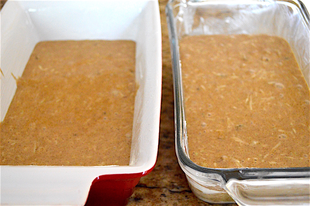 Like I said, my mom always makes this zucchini bread in bulk. Her recipe is for two loaves at a time! So I followed it to the letter and divided the batter evenly among my two (heartbreakingly mismatched) loaf pans. 