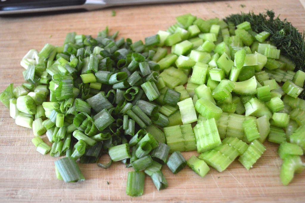 To go with the potatoes, I used lots of aromatics. The celery, scallions and dill were such an incredible combination in this potato salad! 