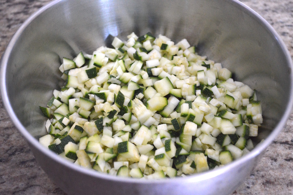 Obviously the star of these zucchini squares was gorgeous, summer fresh zucchini. It was important to have it chopped really small so that it wouldn't make the squares fall apart. If the zucchini was too big the squares wouldn't have held together. 