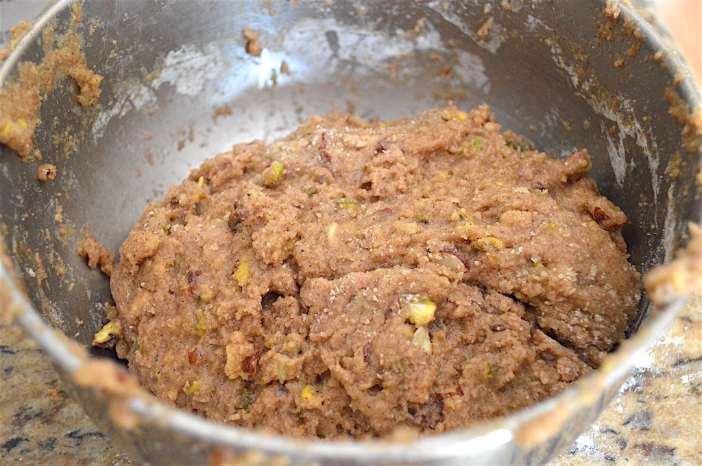 The dough for the hazelnut pistachio biscotti was so simple to make. I used lots of cinnamon and vanilla to give loads of flavor. The wet ingredients just went into the dry ingredients and it was all stirred together. That was all there was too it! 