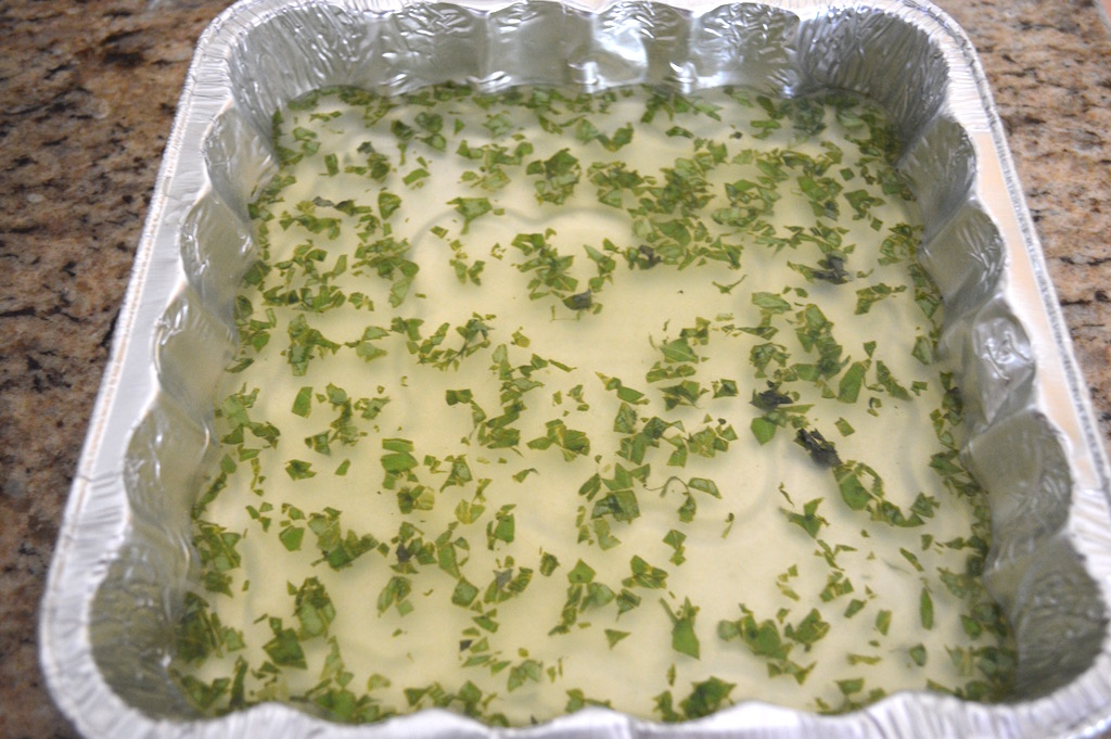 An 8 x 8 pan was the perfect vessel for the job of freezing the lemon basil granita. The liquid needed to be fairly shallow or it wouldn't freeze properly. I cleared a little room on a shelf in my over crowded freezer to have it sit level while it froze.