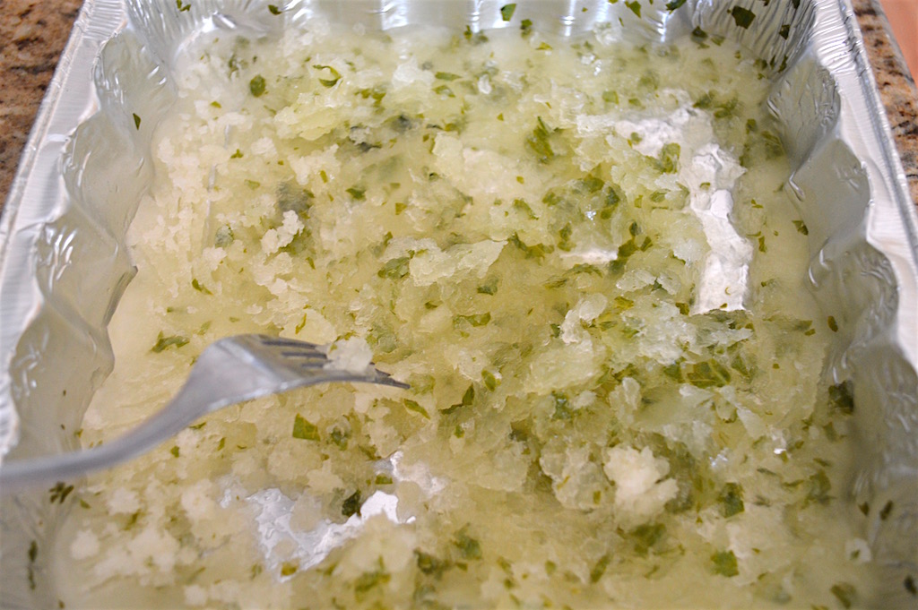 Every hour while it fully froze, I took a fork and fluffed up the lemon basil granita. This kept it from becoming just a solid clump of ice that would have been impossible to work with. It took about 4 hours for it to become fully frozen and fluffed up into pretty ice crystals! 