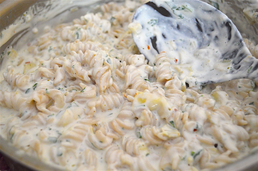 The other key to the spinach artichoke dip pasta was a little beer that I poured in with the chopped up spinach and artichokes. That was it for the sauce! Then I just tossed it with my cooked pasta and lots of parmesan cheese. It smelled so incredible!