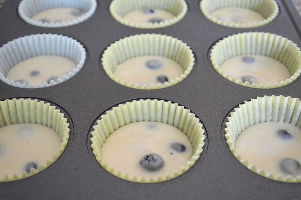 The batter for the lemon blueberry muffins was enough to fill 24 muffin wells just over halfway. My handy dandy cookie scoop helped me make sure that all of them were pretty close to the same size!