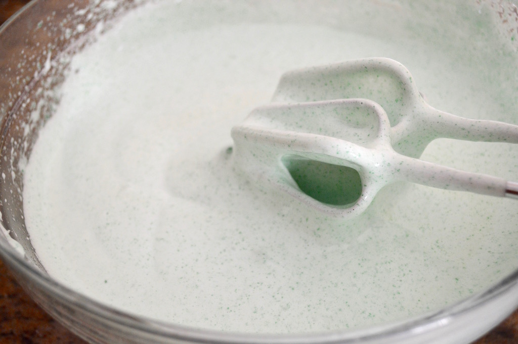 The other portion of the homemade mint marshmallows was a basic meringue. I lightly cooked it and fluffed it up over a pot of simmering water before combining the gelatin mixture in. Then it was just patience as I whipped up the mixture completely until it was a fairly stiff and super fluffy cream.