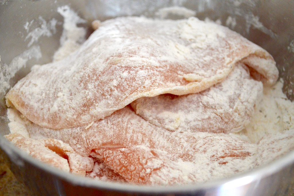 Prepping the chicken was the first order of business in making this chicken marsala. I pounded out my boneless, skinless chicken breasts to be nice and thin so that they would cook more easily. Then I dredged them in a flavorful flour mixture to give them fantastic texture and flavor when I cooked them. 