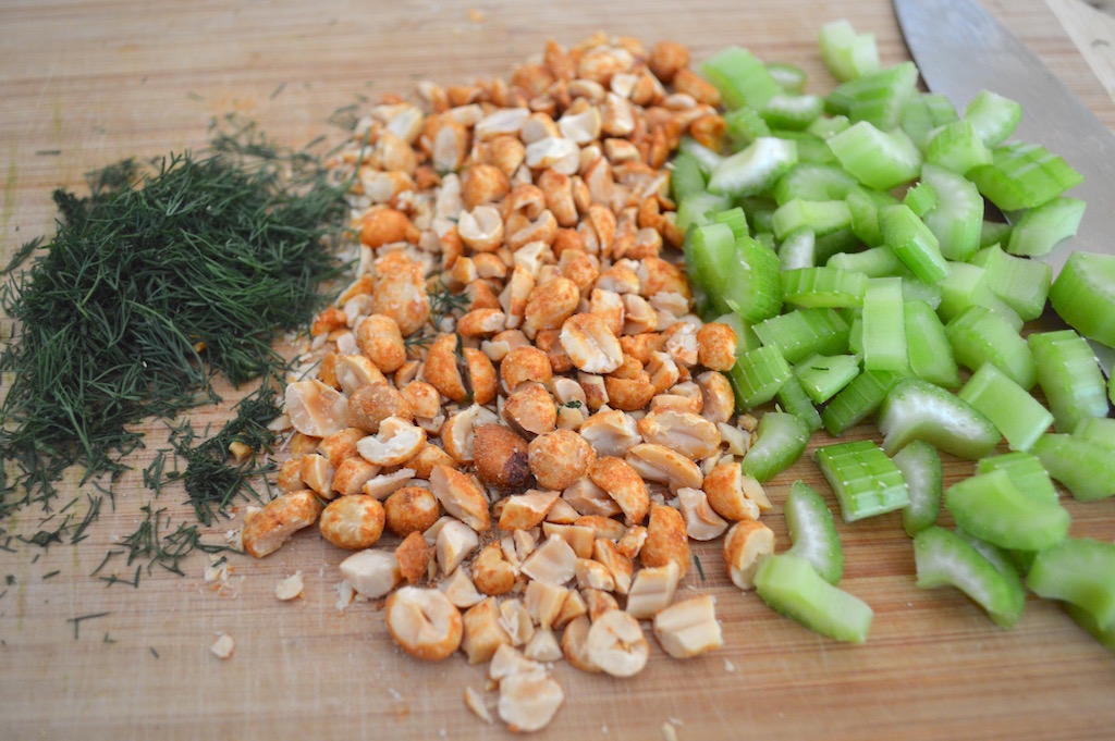 While the chicken baked and cooled, I prepped the rest of the ingredients for the chicken curry salad sandwiches. Fresh dill, chopped peanuts and celery gave so much flavor and texture to the dish. 