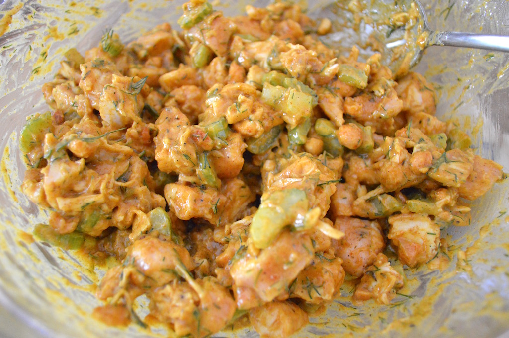 From there it was just a matter of bringing everything together! I stirred the diced chicken, mayo, dill, celery, peanuts, leftover spice mixture, and lots of curry powder together in my big salad bowl. It had such gorgeous color and smelled incredible right away! 