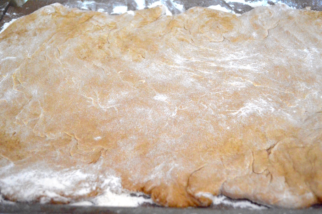 From there the rest of the dough came together quickly in my stand mixer. I used apple sauce, butter and brown sugar as the base. The apple sauce gave even more flavor. The dough was incredibly sticky when it was done, so I coated it lightly with flour to make it easier to work with. I also froze it for 20 minutes to make it easy to cut. 