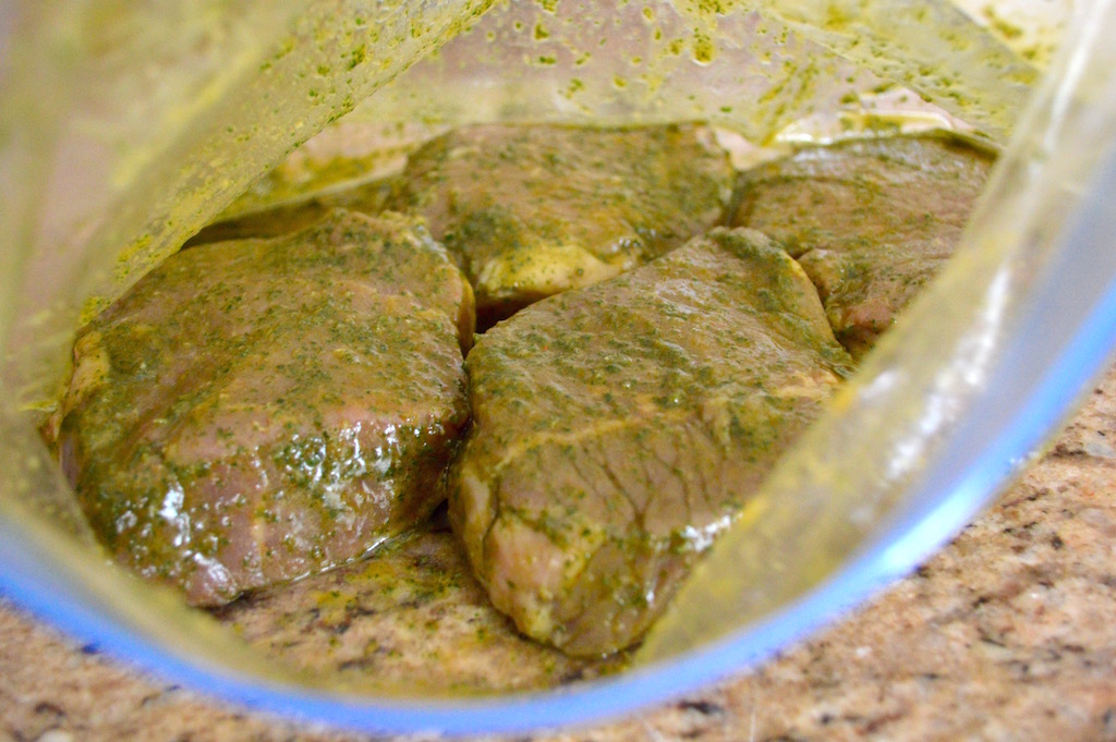 The marinating was the most important step in this chimichurri marinated sirloin. I let the steaks sit in the sauce for 2 hours in the refrigerator to really develop big flavor. A gallon zip top bag handled the job perfectly! 
