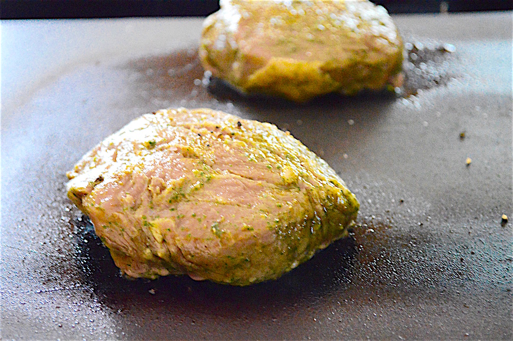 After their bath, the steaks just cooked on my beloved griddle for about 4 minutes on each side. They developed a great crust on the outside and were medium on the inside. 