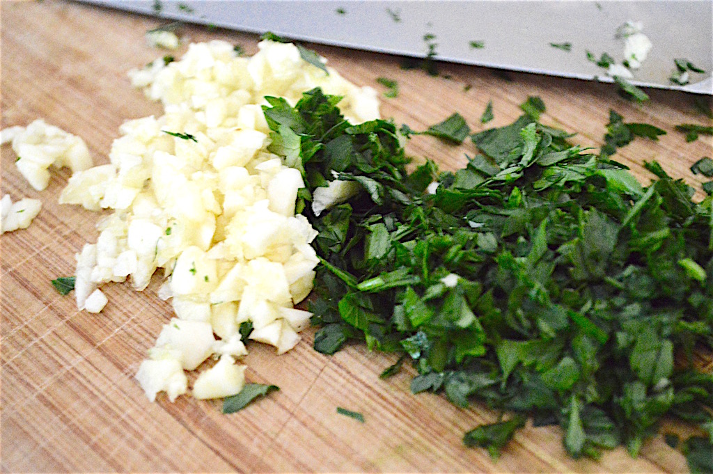 Prep could not have been quicker for this shrimp scampi over linguine! I bought my shrimp already peeled and deveined, so all I had to do was remove the tails. Then I just finely chopped a whole lot of garlic and parsley. 