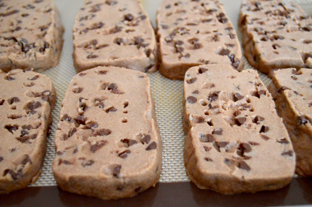 Once the rectangle of dough finished chilling, I turned it out onto my cutting board. Then I sliced it into chocolate chambord shortbread bars that were about an inch thick. They just needed to bake for about 20 minutes at 325 to become perfectly baked. Oh my goodness, they smelled so incredible while they baked! 