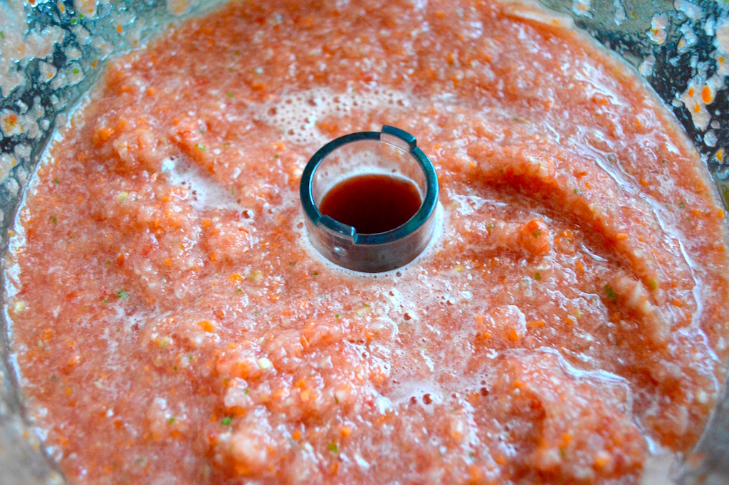 The sauce for the eggplant parmigiana came together quickly. I made it easy on myself by pureeing all of the aromatics in my food processor. 