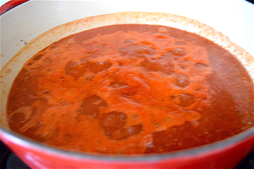 That aromatic base simmered for two hours with more crushed tomatoes, wine and seasoning. It was such an amazing sauce for the eggplant parmigiana! 