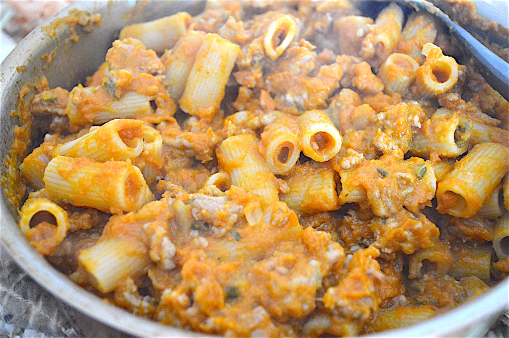 While the sauce simmered, I boiled a pound of rigatoni in another large pot of salty water. It took about 8 minutes to get perfectly tender. Then I just tossed it with the sauce, and the pumpkin sausage rigatoni was done! 