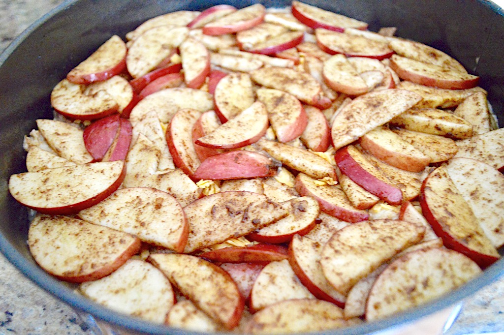 From there it was just a matter of assembling the apple cheddar bread pudding pie. I spread the bread pudding out in the bottom of my springform pan. Then I sprinkled a light layer of grated cheddar cheese on top of the bread. The cheddar really anchored the whole dish and complimented all of the sweetness going on. Then I layered the apples on top and it just had to bake! 