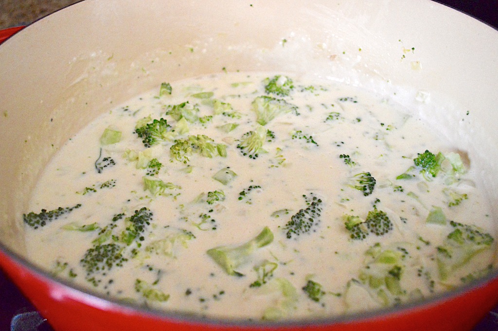 I made a luscious béchamel sauce as the base for the creamy broccoli cheddar soup. It thickened so gorgeously. Then I just poured in some heavy cream, chicken stock, and the veggies that I had already sautéed. 