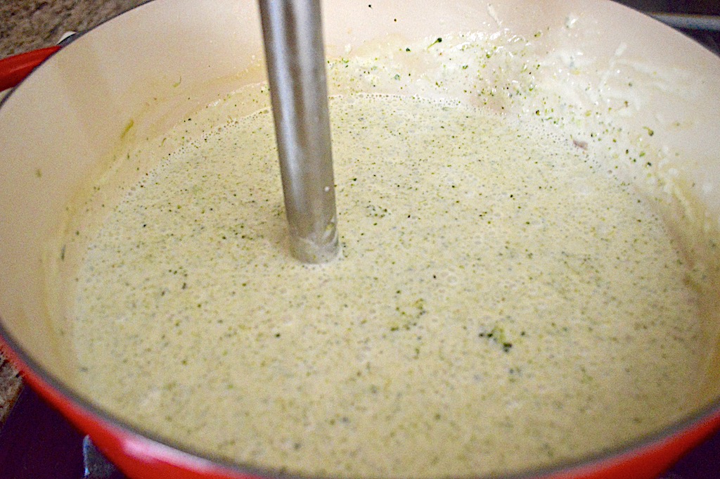 After the creamy broccoli cheddar soup simmered for half an hour, it was time for my handy dandy immersion blender. It was the perfect tool to puree the soup right in the pot! Then I stirred in lots of sharp cheddar cheese to finish it up. It smelled so incredible! 