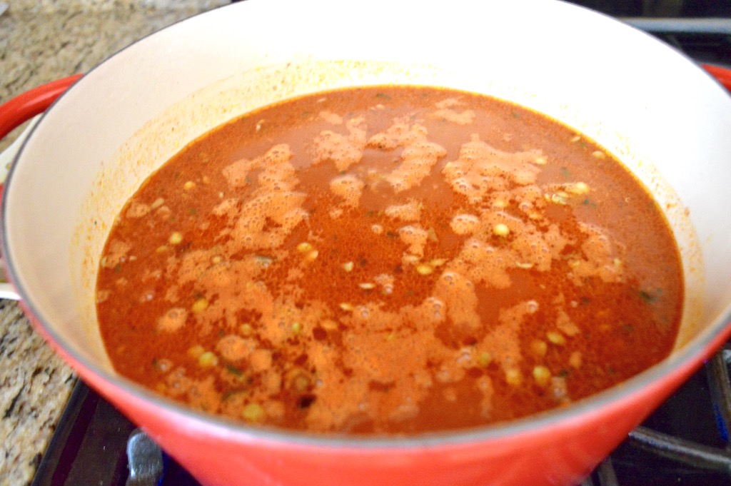 From there it was just a matter of getting everything into my beloved, sturdy Dutch oven. I used lots of spices, tomato and chicken stock to bring the lamb and lentil soup together. Then I just let it simmer for an hour! 