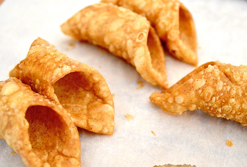 The shells for the pumpkin spiced cannolis needed to fry on those molds for about 3 minutes. They became so crispy and golden! I cooked them in batches of 4 to make it manageable. 