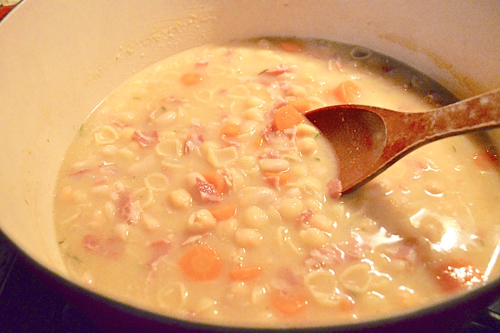 To give a more thick, creamy texture to the soup, I transferred a cup of it to my blender. Pureeing that portion of it and pouring it back in really made all of the difference with the texture. The final touch was to add the pasta in. It cooked right in the broth until to was tender. 