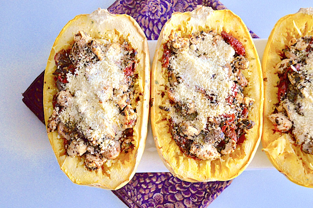 Pesto Chicken Stuffed Spaghetti Squash