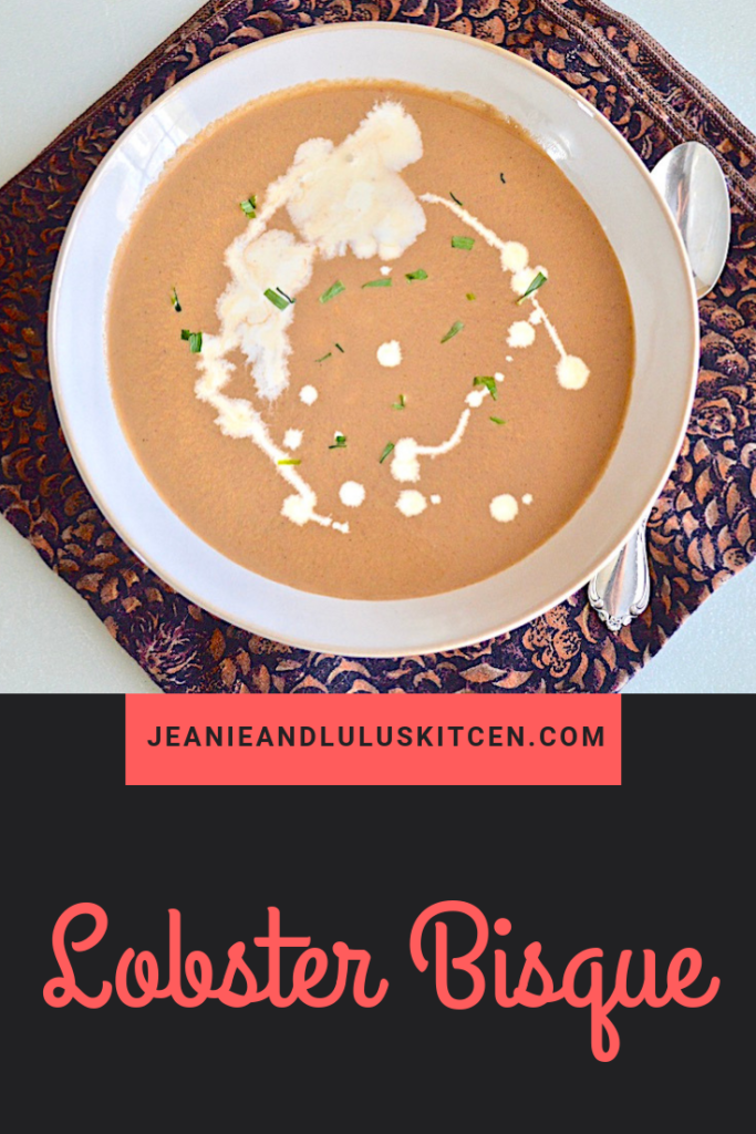 This is such a luscious and flavorful lobster bisque that makes a fantastic starter or a meal in itself! #lobster #seafood #soup #lobsterbisque #jeanieandluluskitchen