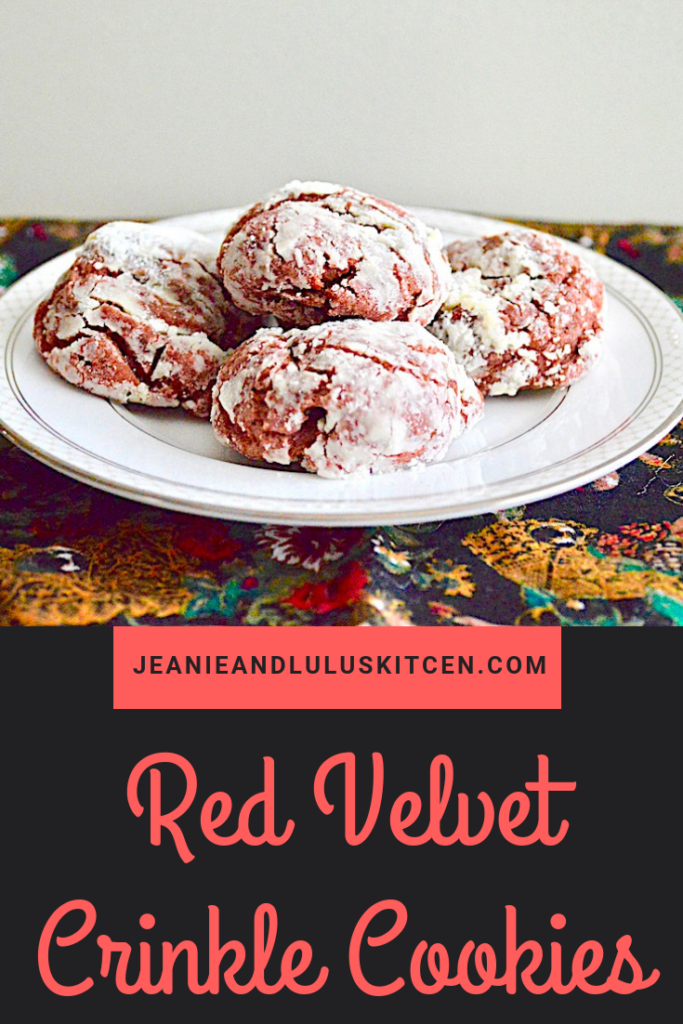 These red velvet crinkle cookies are so festive and gorgeously chocolatey for the holiday table and giving as yummy gifts! #redvelvet #cookies #redvelvetcrinklecookies #dessert #jeanieandluluskitchen