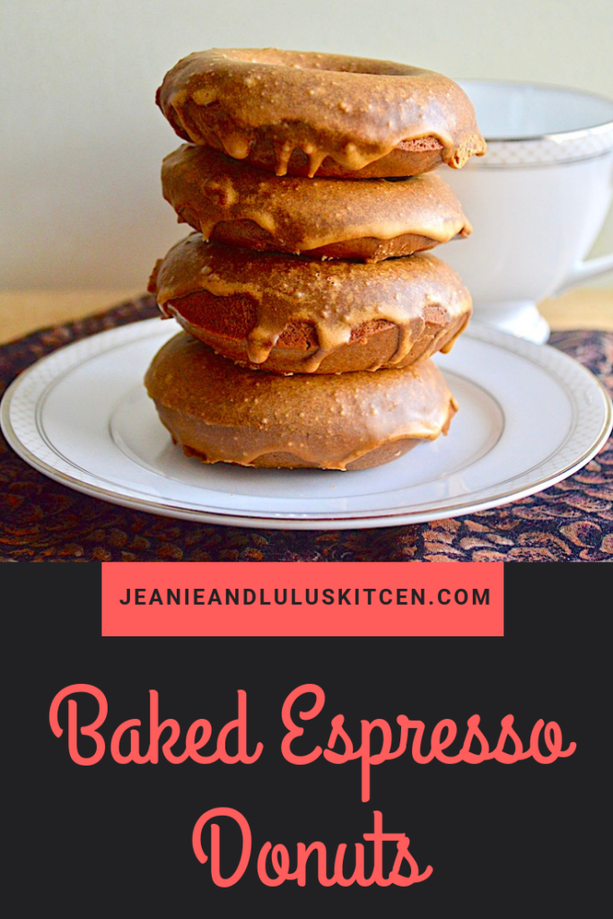 These are such simple and wonderful baked espresso donuts with an espresso glaze! They are so perfect for a pick me up treat in the morning. #donuts #breakfast #espresso #bakedespressodonuts #jeanieandluluskitchen