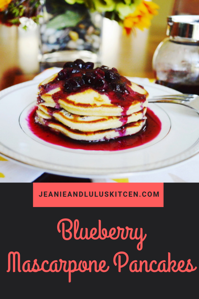 Fluffy and incredible blueberry mascarpone pancakes served with a blueberry syrup on top! So wonderful for brunch. #pancakes #blueberries #blueberrymascarponepancakes #breakfast #brunch #jeanieandluluskitchen