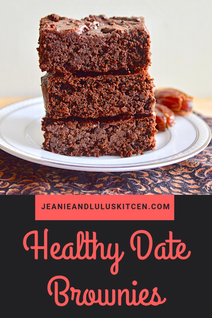 These are such flavorful and decadent tasting healthy date brownies that make a perfect treat to kill the chocolate craving without all of the guilt. #brownies #dessert #chocolate #dates #healthydatebrownies #jeanieandluluskitchen