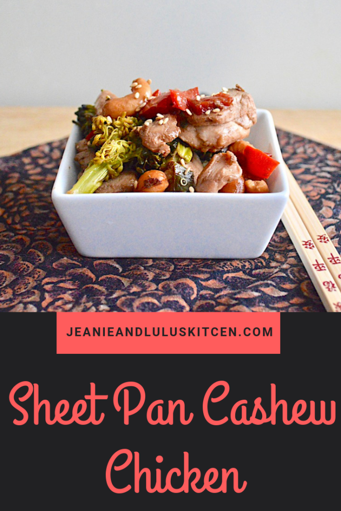 This is such a simple and flavorful Asian inspired sheet pan cashew chicken that is perfect to serve over quinoa or rice! #chicken #chickendinners #sheetpancashewchicken #cashews #jeanieandluluskitchen