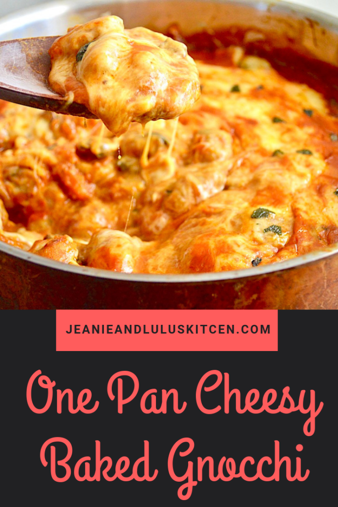 This is such an incredible one pan cheesy baked gnocchi with fluffy sweet potato gnocchi, veggies and loads of cheese all melded together in one skillet! #gnocci #pasta #onepandinners #onepancheesybakedgnocchi #jeanieandluluskitchen