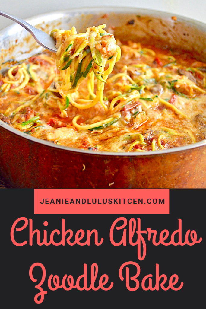 This chicken alfredo zoodle bake is such a hearty, simple and low carb dinner that all comes together in one pan with lots of veggies! #lowcarb #chicken #zoodles #chickenalfredozoodlebake #jeanieandluluskitchen