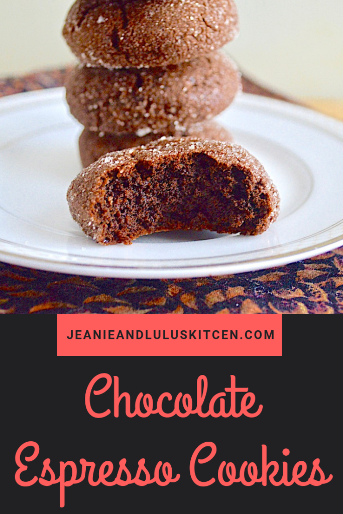 These soft and chewy chocolate espresso cookies are such a fun and wonderful treat! They are simple to make with no special equipment too. #cookies #chocolate #espresso #chocolateespressocookies #jeanieandluluskitchen